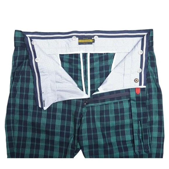 Mens Gurkha Pants Blue Green Plaid Check Slim Straight Flat Front